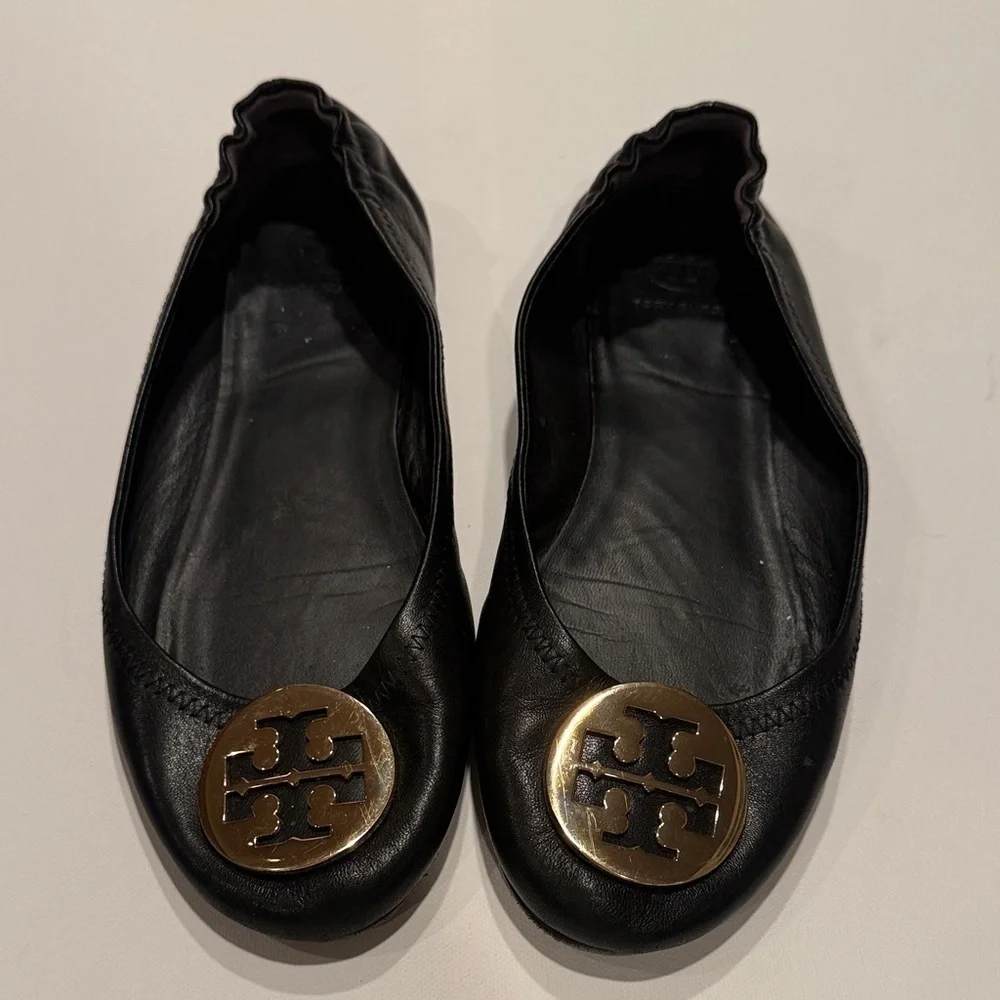 Tory Burch Black Flats with Gold Emblem